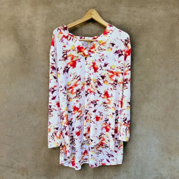 Terra And Sky Pink White Color Splatter  3/4 Sleeves Tunic Top Blouse 2X V Neck - Picture 1 of 7